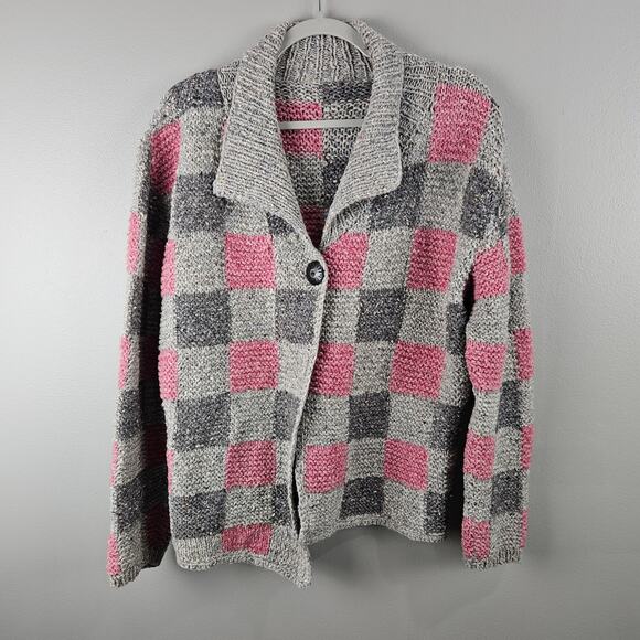 Handmade Cardigan Square Block Pattern Grannycore One Button Sweater - Picture 1 of 5